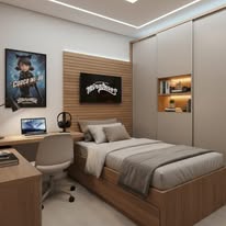 Quarto com cama, bancada de estudos e nichos na marcenaria