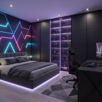 Dormitório gamer com iluminação roxa na marcenaria e sob a cama