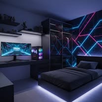 Quarto gamer escuro com mesa para computador e iluminação colorida